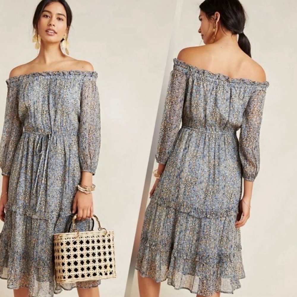By Anthropologie Kira Off The Shoulder Blue Peasant Midi Boho Tiered Dress 6